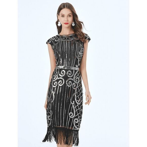 ✨ Flapper Great Gatsby Roaring 1920s Retro Tassel Fringe Sequin Dress NEW - Picture 11 of 16